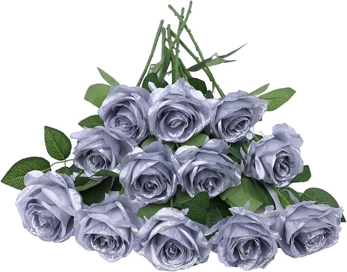 12pcs Artificial Rose Flower Silver Flower with Long Stem Silk Roses Bouquet for Wedding Bridal Shower Party Home Decoration