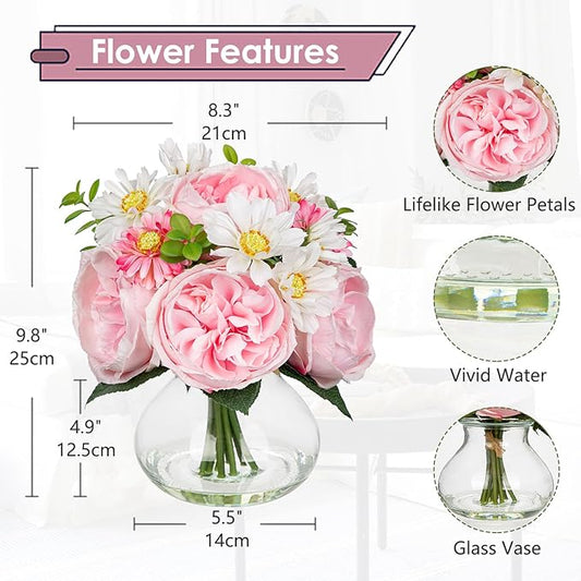 Hollyone Pink Roses Peonies Mums Artificial Flower Arrangement in Glass Vase White Silk Peony David Austin Rose Little Daisy Mixed Faux Flowers with Faux Water with Vase Fake Floral Bouquet Home Decor