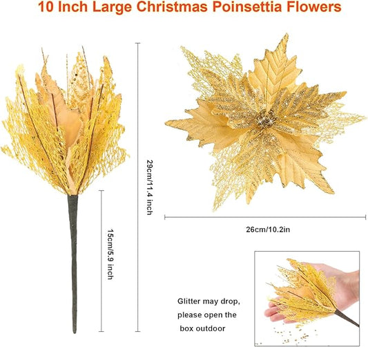 10'' Large Christmas Glitter Poinsettia Flowers Decorations, stadeco 10 Pcs Christmas Tree Picks Ornaments Artificial Flowers with Long Stems for Xmas Tree Wreath Garland Wedding Party DIY Decor