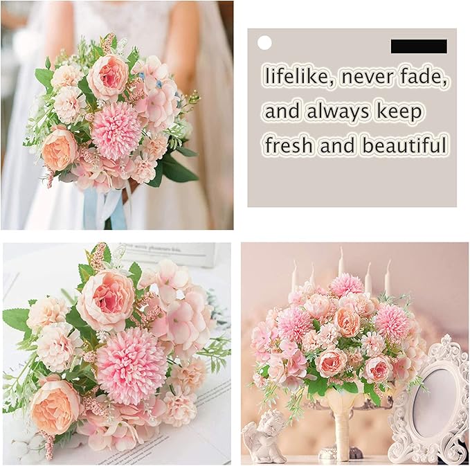 DDcafor Artificial Flowers, 4 Packs Pink Fake Peony Silk Hydrangea Bouquet Decor Plastic Carnations Daisy Realistic Flower Home Office Party Decor Arrangements Wedding Decoration Table Centerpieces