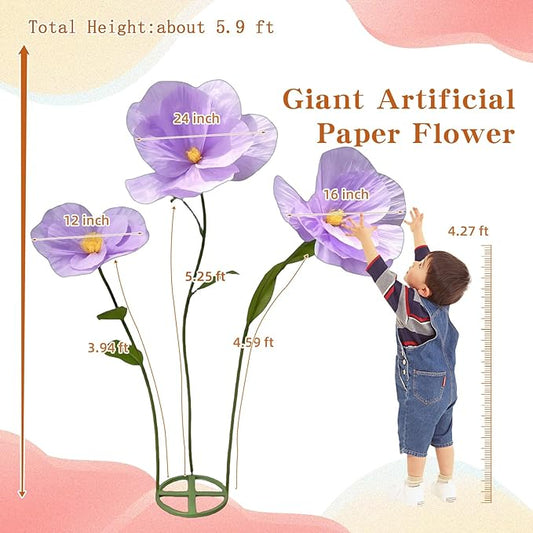 5.9 Ft Large Paper Artificial Flowers,Giant Flowers for Decoration,Standing Huge Handcrafted Poppy Flowers for Garden,Hotel,Office,Photography Props,Wedding,Art Gallery,Shop Window Display(Purple)