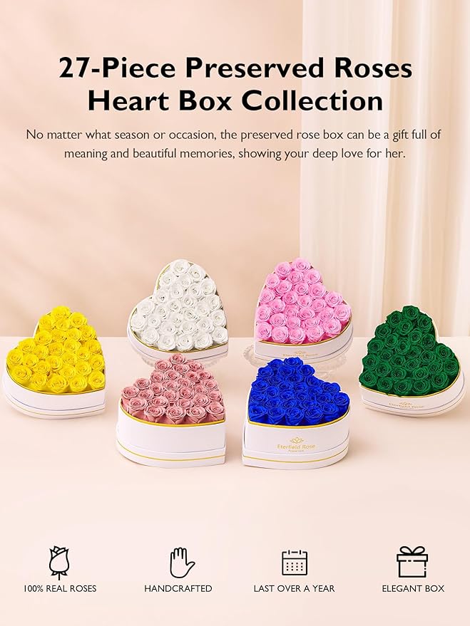 Eterfield 27 Forever Flowers in Heart Shape Box, Preserved Roses That Last a Year Preserved Flowers Birthday Gifts for Her Mom Women Wife Anniversary Valentines Day Mothers Day Christmas, Yellow