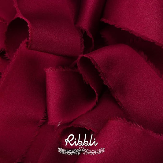 Ribbli Burgundy Silk Satin Ribbon 1.5 Inch x 30 Yard Handmade Frayed Chiffon Wine Red Ribbon for Gift Wrapping Wedding Invitations Bridal Bouquets Home Decor