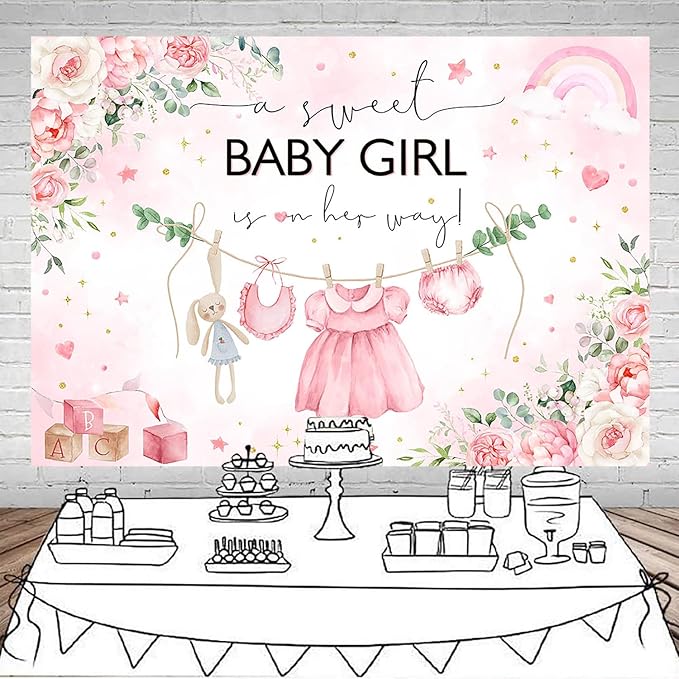 Mocsicka Pink Floral Baby Shower Backdrop for Girls - Blush Pink Girls Dress Background - It's a Girl Sweet Baby Girl Shower Decorations Banner Photo Booth Props (7x5ft)