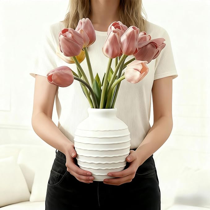 Ceramic Vase, 6.7 inch Ribbed Textured Minimalist Rustic Farmhouse Terracotta Vase for Home Decor, Table, Living Room, Entryway, Shelf, Mantel Decoration (Rice White)
