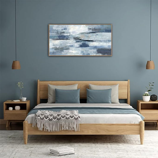 Abstract Framed Canvas Wall Art Vintage Blue White Grey Pictures Ocean Wall Decor Modern Artwork Painting Prints for Living Room Bedroom Bathroom Office Home Decoration Ready to Hang 24" X 48"