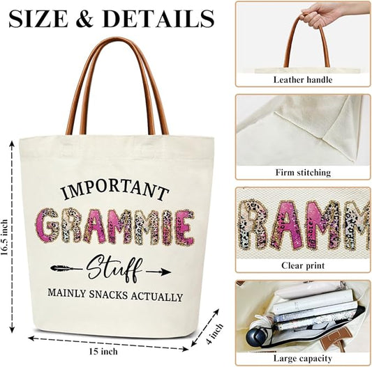 Canvas Tote Bag for Women, Important Stuff Bag with Leather Handle, Reusable Grocery Bags for Shopping Beach Travel