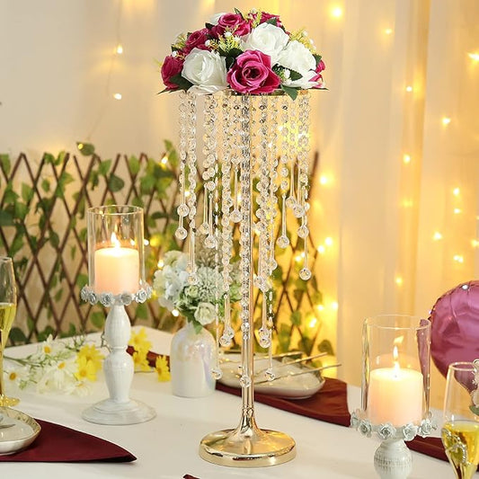 21.6in Bead Crystal Flower Arrangement Stand, Golden Flower Holder 2-Piece Lead Road Candle Holder,for Home Party Wedding Anniversary Christmas Decorations