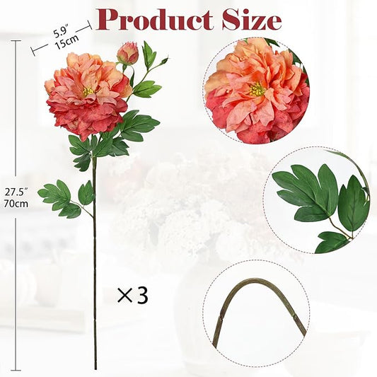 Orange Peonies Artificial Flowers 3Pcs Fall Flowers for Fall Decoration 27.5" Real Touch Silk Faux Peony Flower with Long Stems for Home Autumn Floral Arrangement Vase Table Centerpieces Bouquet Decor