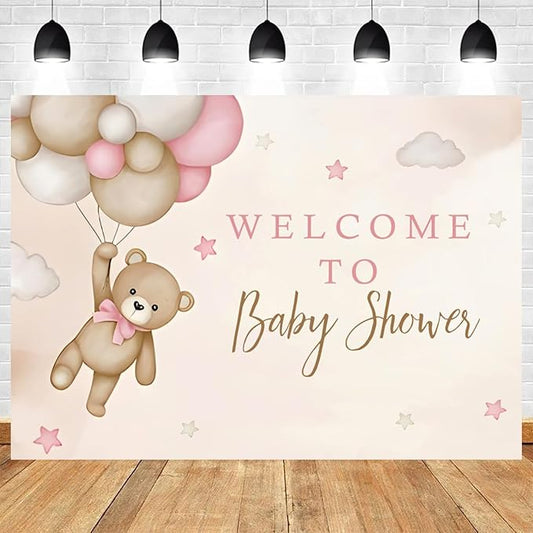 12x8ft Bear Baby Shower Backdrop Brown Pink Hot Air Balloon Photography Background Sky Cloud Star Welcome to Baby Shower Decorations Pregnancy Announcement Portrait Photo Booth Prop