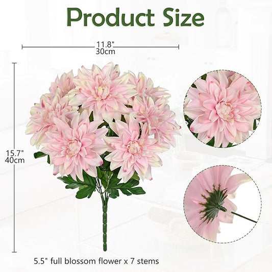 Hollyone 15.7" Pink Artificial Dahlia Flowers Bush 7 Heads Silk Fake Dahlias Flowers with Stems Wedding Bouquets Faux Dahlia Flowers Arrangements for Outdoor Indoor DIY Table Centerpieces Home Decor