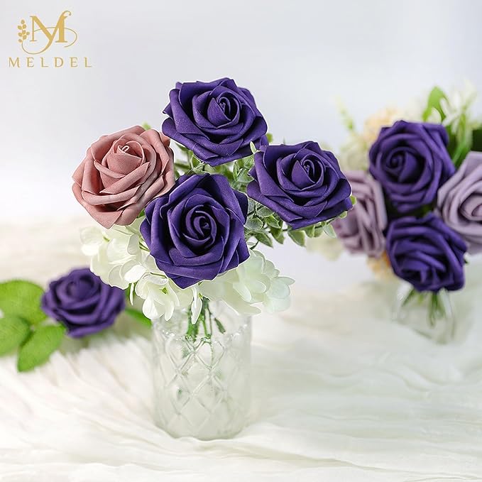 Meldel Artificial Flowers 25pcs Real Looking Purple Lilac Foam Fake Roses with Stems for DIY Wedding Bouquets Bridal Shower Centerpieces Floral Arrangements Home Decorations Bulk Crafts Rose