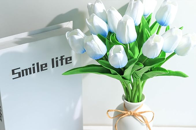 SITUMEIZI 15pcs Fake Tulips Artificial Flowers Real Touch 14" Silk Flower for Home Kitchen Decor Spring Easter Wedding Bouquet Decorations Office Floral Arrangements(Blue on White)
