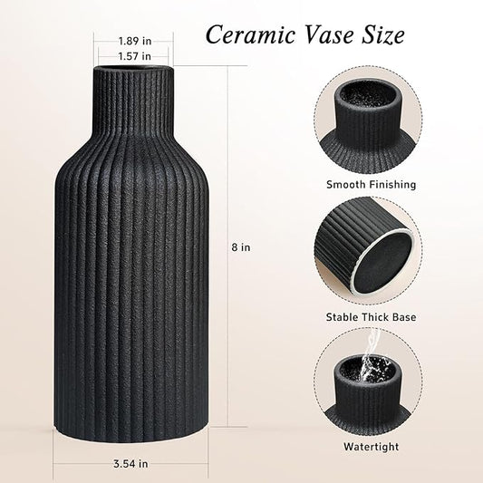 Black Ceramic Flower Vase, Minimalist Modern Home Decor, Matte Finish Pampas Grass Vase for Table, Fireplace, Shelf, Mantel, Entryway and Centerpieces (10in)