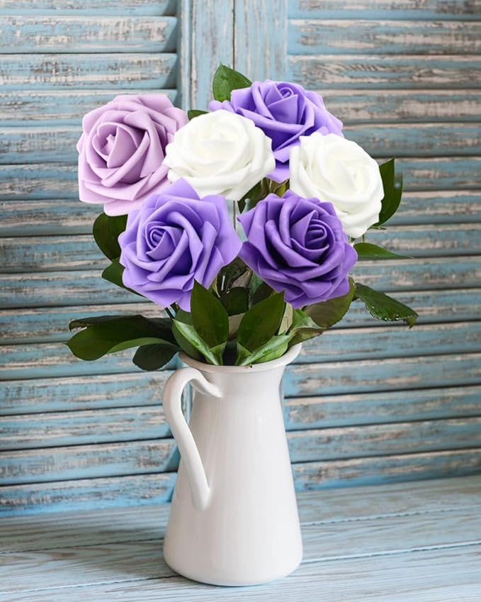 Artificial Flowers Realistic Roses, 25pcs Purple & White Real Looking Fake Roses with Stem for DIY Wedding Bouquets Centerpieces Bridal Shower PartyRomantic Decorations (25pcs, Shades of Purple)