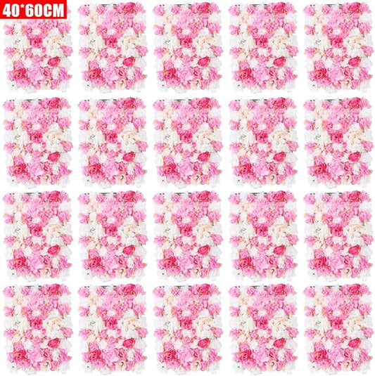 20pcs 24" x 16" Artificial Flower Wall Panel Background,3D Silk Hydrangea Rose Flowers Wall Backdrop for Wedding Party Event Photo Stage Backdrop Wall Decor (Deep Pink Champagne)