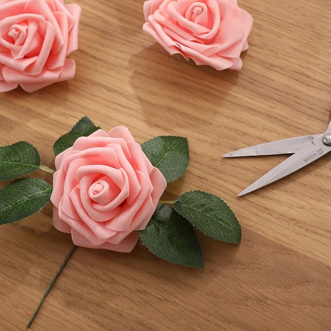 Artificial Flowers Roses 50pcs Pink Roses Wedding Decoration Real Looking Fake Roses w/Stem for DIY Wedding Bouquets Centerpieces Arrangements Party Baby Showers Home Decorations (Peach Pink, 50 pcs)