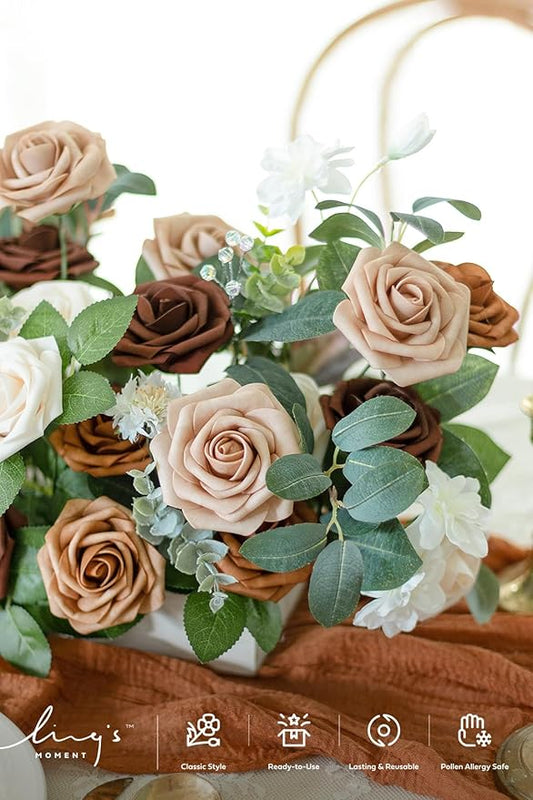 Ling's moment Artificial Flowers, 25Pcs 3" Roses in Walnut Brown Shades, Realistic DIY Foam Floral Decor for Wedding Bouquets/Centerpieces, Outdoor Party Backdrops, Room/Table, Garden/Pot Decorations