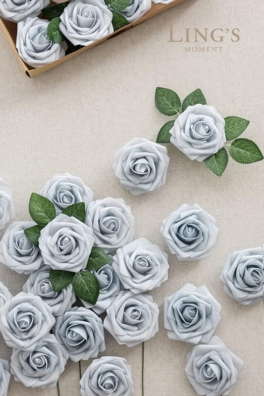 Ling's moment Artificial Flowers 25Pcs Powder Blue Roses Decor w/Stems,3" Real Touch DIY Foam Floral for Wedding Bouquet/Centerpieces, Outdoors Party Backdrop, Room/Table, and Garden/Pot Decorations
