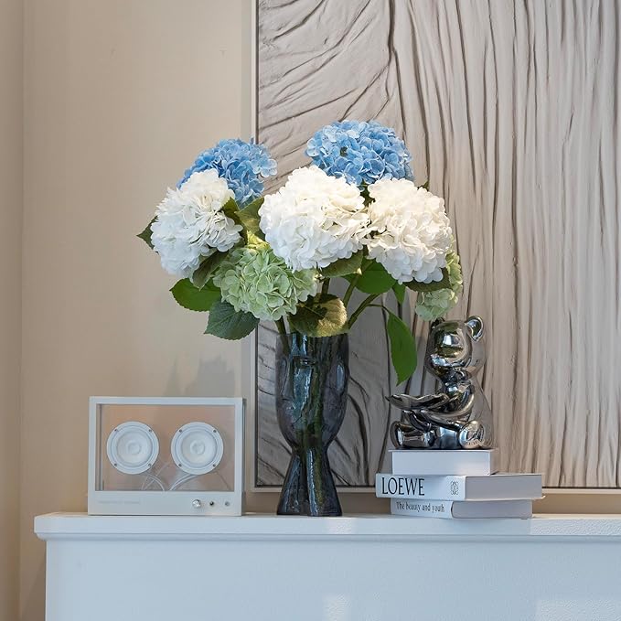 4PCS Artificial Flowers Large Hydrangeas Flowers Latex Bouquet for Wedding Bridal Office Home Party Decoration (4Pcs Blue)