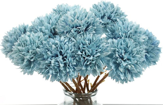 Tinsow 12 Pcs Artificial Flowers Faux Ball Chrysanthemum Bouquet Silk Light Blue Flowers Bridal Wedding Bouquet for Home Easter Party Wedding Decoration (Light Blue, 12)