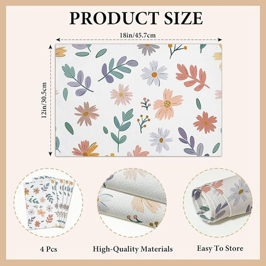 Cotton Linen Waterproof Placemats Set of 4, Daisy Floral Dining Mat Table Mats Decor Fabric for Kitchen Dinner Coffee Shop Table, Indoor/Outdoor Washable Wipeable Placemat -N023