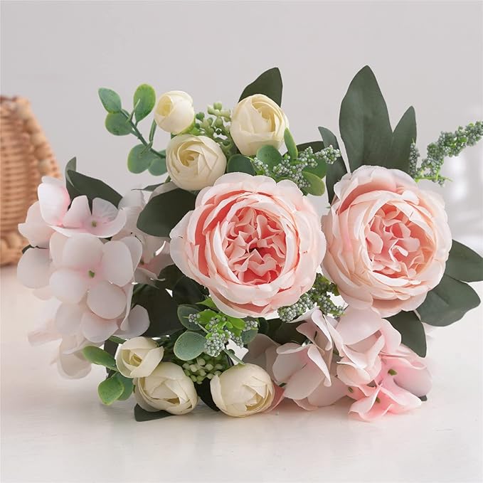 4 Bunches Artificial Flowers Pink Peonies for Decoration Silk Flowers Fake Roses Arrangements Plastic Table Centerpiece Faux Flores for Home Vase Living Room Decor