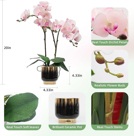 CXGS Orchids Artificial Flowers Real Touch Fake Flowers in Ceramic Pot 20" Pink Faux Orchid Plant Lifelike Silk Phalaenopsis for Centerpiece Hotel Home Indoor Decor