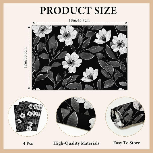 Cotton Linen Waterproof Placemats Set of 4, Floral Black Dining Mat Table Mats Decor Fabric for Kitchen Dinner Coffee Shop Table, Indoor/Outdoor Washable Wipeable Placemat -N036