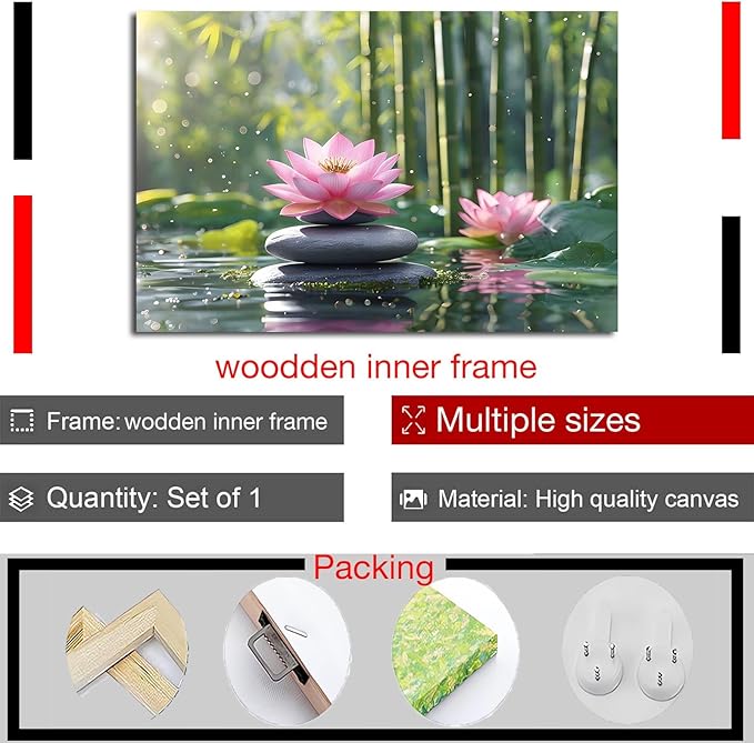 Ethereal pink lotus on obsidian Sunlit bamboo forest with sparkling water drops Poetic nature inspired wall art for tranquil homes and mindful spaces 16x24in Wood Framed