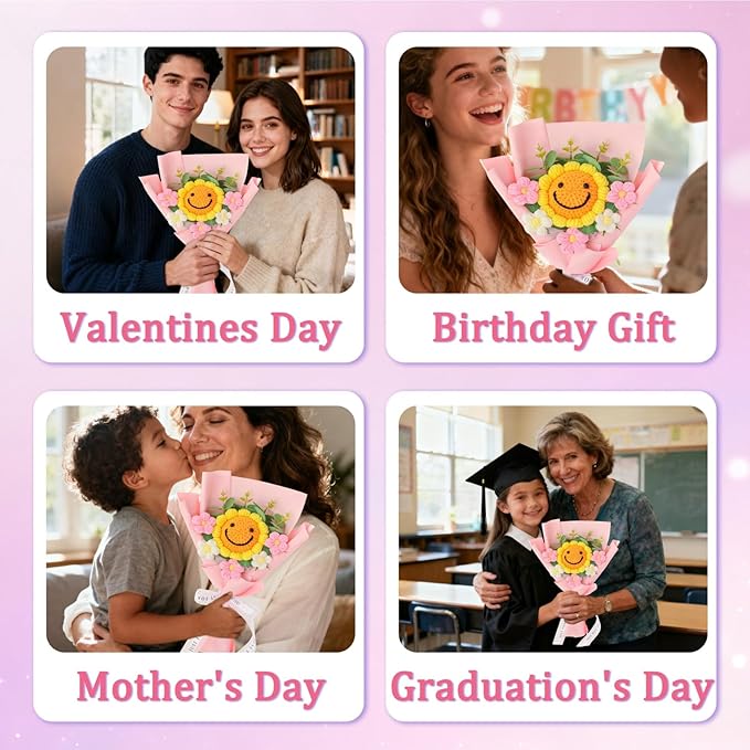 Hand-Woven Flower Bouquet Finished(1pcs) for Mother Girlfriend Birthday Gift Wedding Decoration Crochet Artificial Flower, Bouquet Gift (Smile Sunflower)