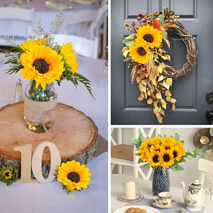 20 PCS Fake Silk Sunflowers Artificial Flower with Stems for Home Wedding Party Centerpieces Decoration Bridal Bouquets Tables Floral Arrangements Wreath DIY Art Crafts Decor