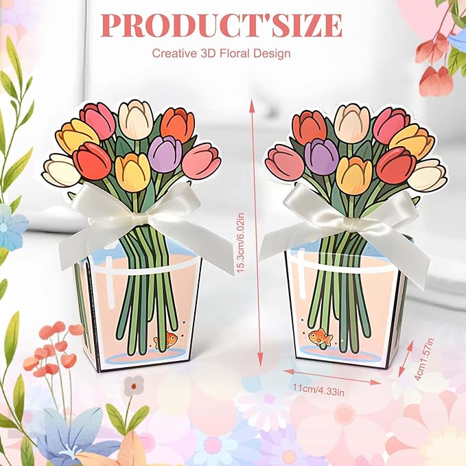 Tizee 3D Floral Gable Boxes with Ribbon - Mini Gift Bags for Party Favors, Birthday, Wedding, Mothers Day, Cookies, Candy, and More (20 Pack)