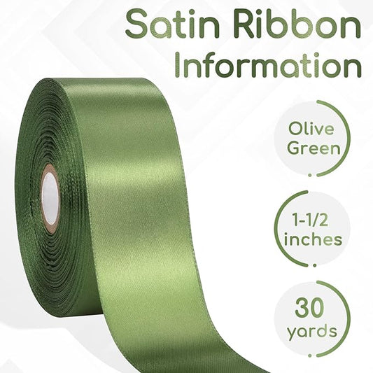 30 Yards Olive Green Ribbon 1-1/2 Inch, Olive Green Satin Ribbon for Gift Wrapping, Flower Bouquet, Crafts, Baby Shower, Christmas, Wedding and Bow Making
