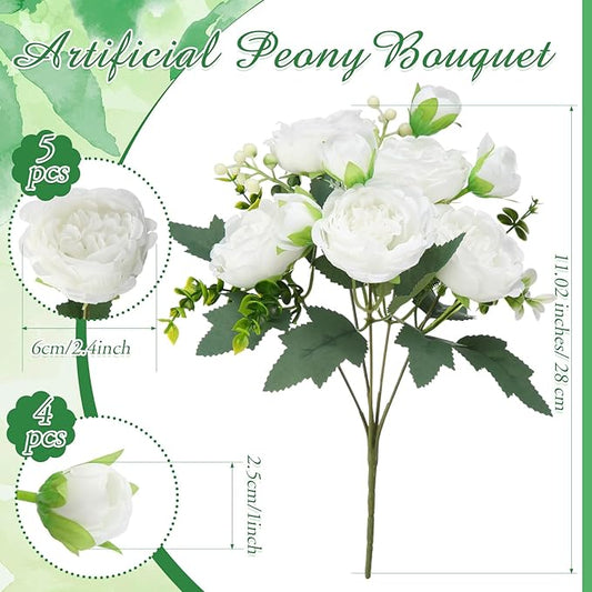 Geosar 2 Bundles Artificial Peonies Flowers Fake Silk Peony Bouquet Faux Peonies Flowers Bulk for Decoration Vase Floral Arrangements Wedding Party Table (White)