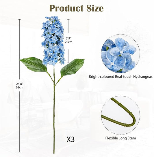 Artificial Hydrangea Flowers Real Touch – 3PCS 24.8" Faux Cone Hydrangea Stems for Tall Vases, Home Décor, Wedding Centerpieces, Floral Arrangements – Sky Blue