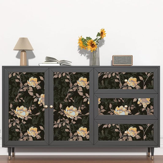 Black Orange Floral Peel and Stick Wallpaper Flowers Contact Paper 17.5"x118" Self Adhesive Waterproof Vintage Dark Floral Wall Paper for Shelf Liner Cabinet Decor