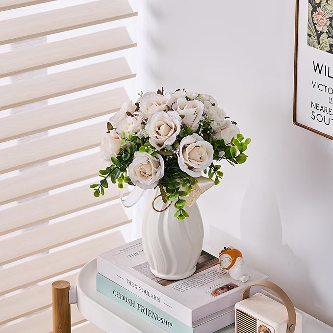 Wedding Bouquets Large for Bride, Wedding Silk Artificial Flowers 14pcs White Champagne Roses 10 in Fake Flowers for Wedding Party, Ceremony, Anniversary & Home Decor(Come with 4 kinds of Ribbons)