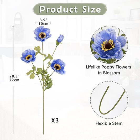 28.3" Blue Artificial Flowers Poppy Flowers 3Pcs Silk Fake Poppy Flowers Real Touch Faux Poppies Spring Flower Long Stem Arrangement with 4 Heads for Party Centerpiece Bouquet Table Home Decoration