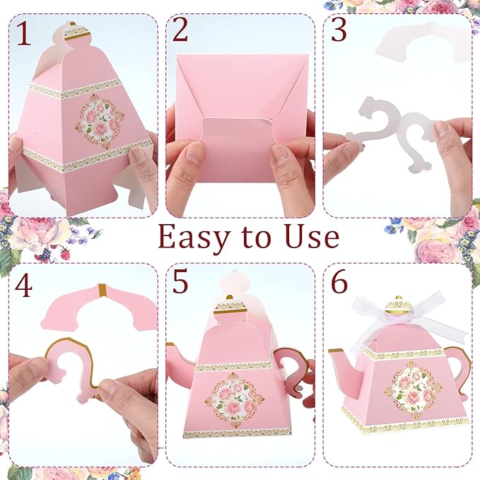 Jetec 100 Pcs Teapot Candy Box Floral Flower Tea Party Favor Gift Box Candy Boxes for Tea Garden Wedding Favors Bridal Showers Brunches Birthdays Decorations(Pink)