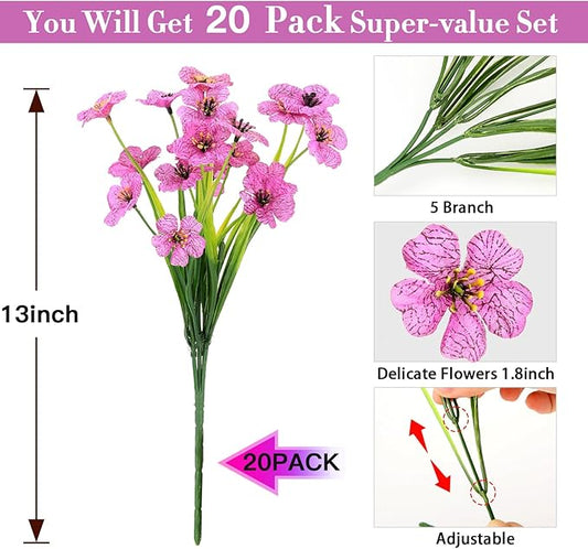 20 Bundles Artificial Flowers for Outdoors Decorations, Fake Flowers Faux Plants Silk Colorful Daisy Eucalyptus Flowers Realistic UV Resistant for Garden Patio Porch Box Home Decor, Purple