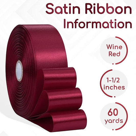 Wine Red Satin Ribbon 1-1/2 Inch 60 Yards, Solid Burgundy Polyester Fabric Ribbon for Crafts, Gift Wrapping, Flower Bouquet, Baby Shower, Birthday, Wedding and Festival Decor