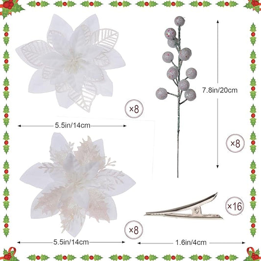 24 Pcs White Boxed Christmas Poinsettia Flowers Set, 16 Pcs Artificial Poinsettias with Clips, 8 pcs Glitter Christmas Tree Ornaments Berry Stems for Wedding Home Holiday Xmas New Year Decorations