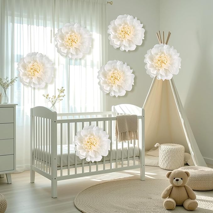 6PCS White Paper Flowers Decorations for Wall Giant Tissue Paper Flowers 12‘’ White Giant Crepe Artificial Flowers Large Flowers for Wedding Birthday Baby Shower Party Home Decor Supplies