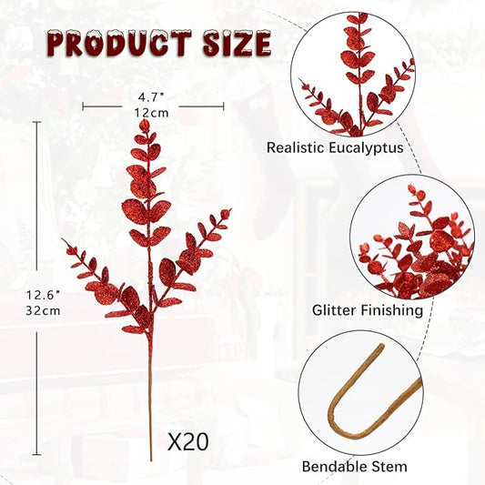 Hollyone 20 Pcs Glitter Artificial Eucalyptus Branches 13" Christmas Eucalyptus Pine Stems Picks Red Fake Eucalyptus Picks Stems for DIY Christmas Tree Garland Wreath Crafts Home Decoration