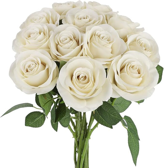 12pcs Roses Artificial Flowers Beige Silk Roses with Long Stems Fake Flowers for Wedding Bouquet Centerpices Decorations Party Bridal Baby Shower Home Decor