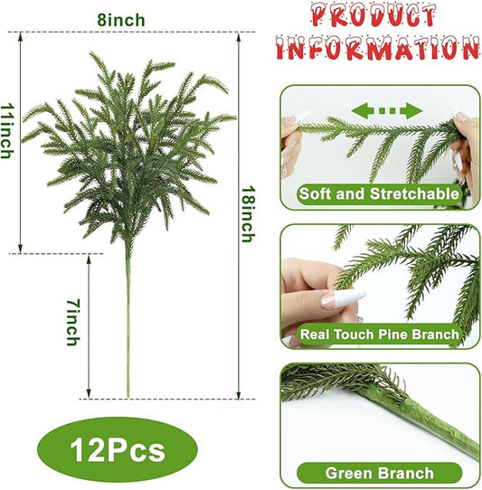 Artgar 12 Pcs Pine Branches - 18 Inch Artificial Green Pine Stem - Real Touch Christmas Greenery Pines Branches for DIY Flower Arrangement Home Indoor Christmas Decor