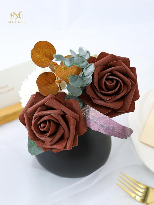 Meldel Artificial Flowers 50pcs Real Looking Rust Red Foam Fake Roses with Stems for DIY Wedding Bouquets Bridal Shower Centerpieces Floral Arrangements Home Decorations Bulk Crafts Rose