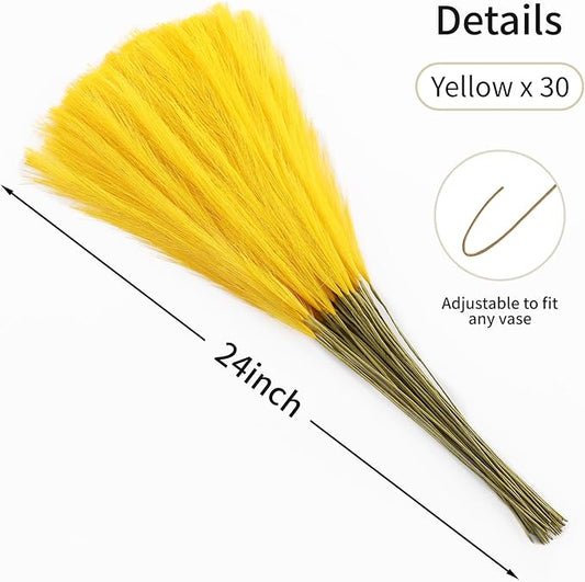 Faux Yellow Pampas Grass - 30pcs 24 Inch Short Artificial Pampas Grass Decor, Fake Pompas Floral for Vase Filler, Wedding Flower Arrangement, Party and Home Decor (Yellow, 30 Pieces)
