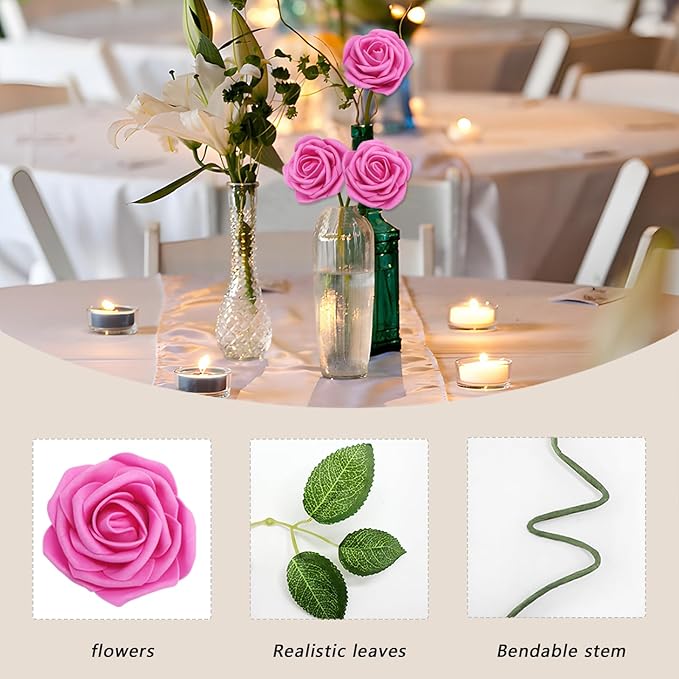 50Pcs Hot Pink Artificial Flowers Roses Real Looking Foam Fake Roses with Leaves and for DIY Wedding Bouquets Bridal Shower Centerpieces Party Decorations (Hot Pink, 50)